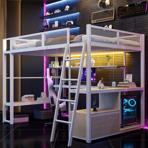 Cama alta metálica para jogos 140x200 - secretária integrada, LED e amplo espaço de armazenamento - Branco