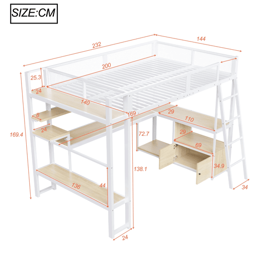 Cama alta metálica para jogos 140x200 - secretária integrada, LED e amplo espaço de armazenamento - Branco