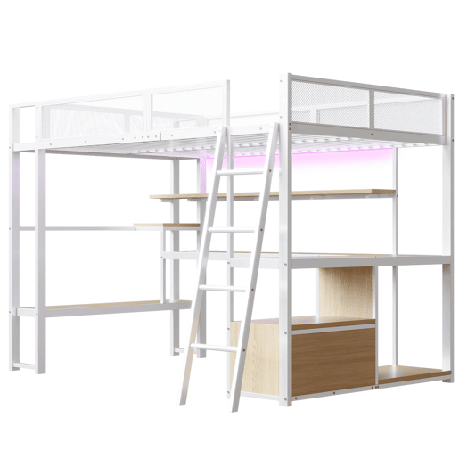 Cama alta metálica para jogos 140x200 - secretária integrada, LED e amplo espaço de armazenamento - Branco