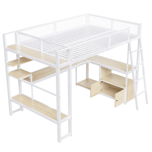 Cama alta metálica para jogos 140x200 - secretária integrada, LED e amplo espaço de armazenamento - Branco