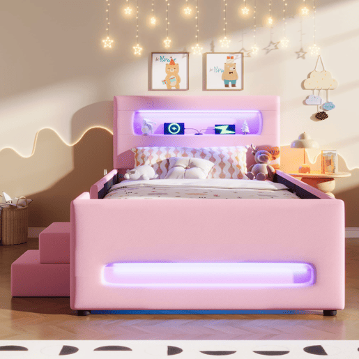 Cama plataforma estofada 90x200 - com escada, gavetas, LED, USB e arrumação - Rosa