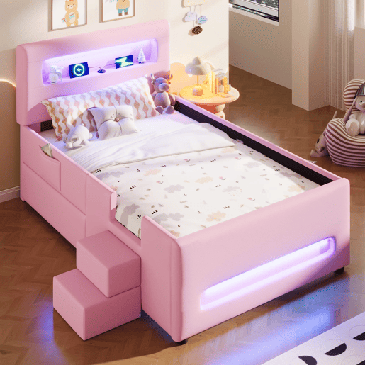 Cama plataforma estofada 90x200 - com escada, gavetas, LED, USB e arrumação - Rosa