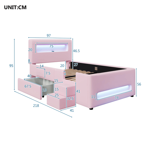 Cama plataforma estofada 90x200 - com escada, gavetas, LED, USB e arrumação - Rosa