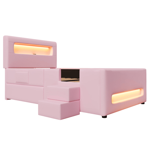 Cama plataforma estofada 90x200 - com escada, gavetas, LED, USB e arrumação - Rosa
