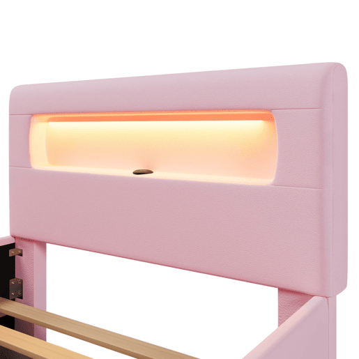 Cama plataforma estofada 90x200 - com escada, gavetas, LED, USB e arrumação - Rosa