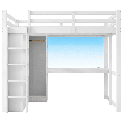 Cama alta 140x200 - 2 gavetas, prateleiras, secretária inferior, LED e USB - Branco