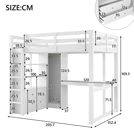 Cama alta 140x200 - 2 gavetas, prateleiras, secretária inferior, LED e USB - Branco
