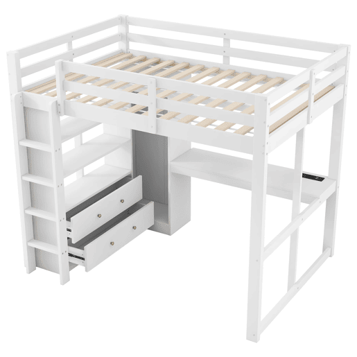 Cama alta 140x200 - 2 gavetas, prateleiras, secretária inferior, LED e USB - Branco