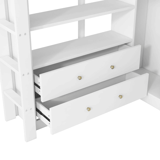 Cama alta 140x200 - 2 gavetas, prateleiras, secretária inferior, LED e USB - Branco