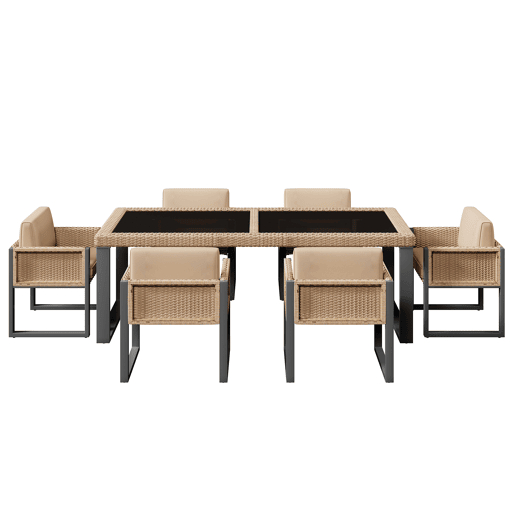 Conjunto de mesa e cadeiras em polirrattan - 6 pessoas - com capas removíveis e laváveis - Castanho