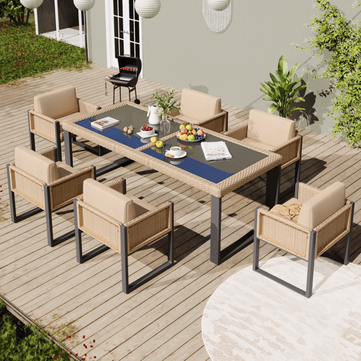 Conjunto de mesa e cadeiras em polirrattan - 6 pessoas - com capas removíveis e laváveis - Castanho