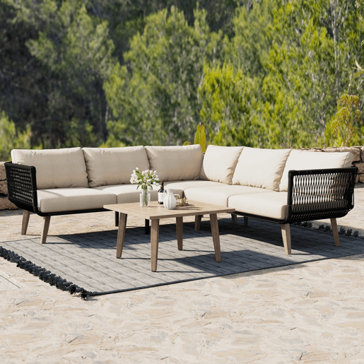 Conjunto de móveis de jardim 2 peças - Sofá + mesa de centro - Aço galvanizado, Olefina, Tecido trançado - Bege + Preto