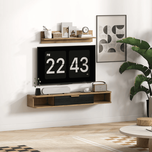 HOMCOM Móvel de TV Sala de Estar Móvel para TV com Prateleira de Parede Armário com Compartimentos Orifícios para Cabos para Televisão de Parede 120x24x16 cm Carvalho HOMCOM Móvel de TV Sala de Estar Móvel para TV com Prateleira de Parede Armário com Compartimentos Orifícios para Cabos para Televisão de Parede 120x24x16 cm Carvalho