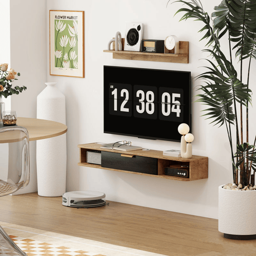 HOMCOM Móvel de TV Sala de Estar Móvel para TV com Prateleira de Parede Armário com Compartimentos Orifícios para Cabos para Televisão de Parede 120x24x16 cm Carvalho HOMCOM Móvel de TV Sala de Estar Móvel para TV com Prateleira de Parede Armário com Compartimentos Orifícios para Cabos para Televisão de Parede 120x24x16 cm Carvalho