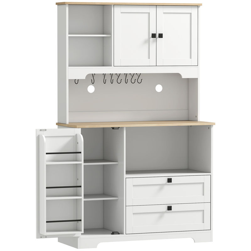 Homcom alacena de cocina, mueble auxiliar de cocina con 3 puertas, 2 cajones, 3 estantes en la puerta, 8 ganchos, encimera amplia para microondas, estantes ajustables, orificios para cables, blanco
