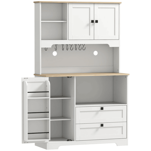 HOMCOM Armário de Cozinha Móvel Auxiliar de Cozinha com 3 Portas 2 Gavetas 3 Prateleiras na Porta 8 Ganchos Bancada Ampla para Micro-Ondas Prateleiras Ajustáveis Orifícios para Cabos Branco HOMCOM Armário de Cozinha Móvel Auxiliar de Cozinha com 3 Portas 2 Gavetas 3 Prateleiras na Porta 8 Ganchos Bancada Ampla para Micro-Ondas Prateleiras Ajustáveis Orifícios para Cabos Branco