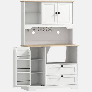 HOMCOM Armário de Cozinha Móvel Auxiliar de Cozinha com 3 Portas 2 Gavetas 3 Prateleiras na Porta 8 Ganchos Bancada Ampla para Micro-Ondas Prateleiras Ajustáveis Orifícios para Cabos Branco