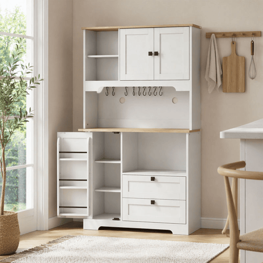 HOMCOM Armário de Cozinha Móvel Auxiliar de Cozinha com 3 Portas 2 Gavetas 3 Prateleiras na Porta 8 Ganchos Bancada Ampla para Micro-Ondas Prateleiras Ajustáveis Orifícios para Cabos Branco HOMCOM Armário de Cozinha Móvel Auxiliar de Cozinha com 3 Portas 2 Gavetas 3 Prateleiras na Porta 8 Ganchos Bancada Ampla para Micro-Ondas Prateleiras Ajustáveis Orifícios para Cabos Branco