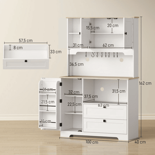 HOMCOM Armário de Cozinha Móvel Auxiliar de Cozinha com 3 Portas 2 Gavetas 3 Prateleiras na Porta 8 Ganchos Bancada Ampla para Micro-Ondas Prateleiras Ajustáveis Orifícios para Cabos Branco HOMCOM Armário de Cozinha Móvel Auxiliar de Cozinha com 3 Portas 2 Gavetas 3 Prateleiras na Porta 8 Ganchos Bancada Ampla para Micro-Ondas Prateleiras Ajustáveis Orifícios para Cabos Branco