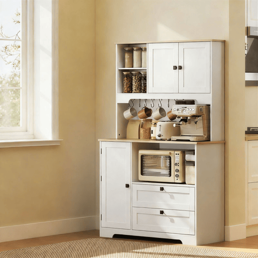 HOMCOM Armário de Cozinha Móvel Auxiliar de Cozinha com 3 Portas 2 Gavetas 3 Prateleiras na Porta 8 Ganchos Bancada Ampla para Micro-Ondas Prateleiras Ajustáveis Orifícios para Cabos Branco HOMCOM Armário de Cozinha Móvel Auxiliar de Cozinha com 3 Portas 2 Gavetas 3 Prateleiras na Porta 8 Ganchos Bancada Ampla para Micro-Ondas Prateleiras Ajustáveis Orifícios para Cabos Branco
