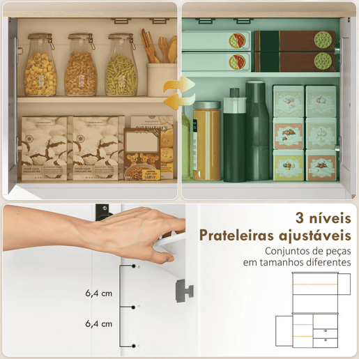 HOMCOM Armário de Cozinha Móvel Auxiliar de Cozinha com 3 Portas 2 Gavetas 3 Prateleiras na Porta 8 Ganchos Bancada Ampla para Micro-Ondas Prateleiras Ajustáveis Orifícios para Cabos Branco HOMCOM Armário de Cozinha Móvel Auxiliar de Cozinha com 3 Portas 2 Gavetas 3 Prateleiras na Porta 8 Ganchos Bancada Ampla para Micro-Ondas Prateleiras Ajustáveis Orifícios para Cabos Branco