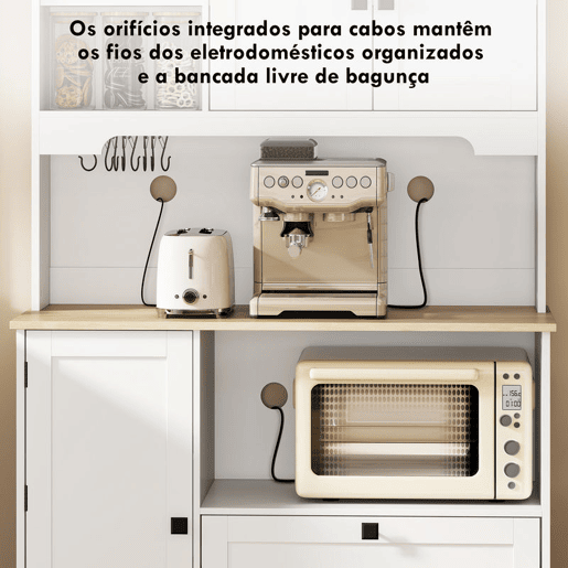 HOMCOM Armário de Cozinha Móvel Auxiliar de Cozinha com 3 Portas 2 Gavetas 3 Prateleiras na Porta 8 Ganchos Bancada Ampla para Micro-Ondas Prateleiras Ajustáveis Orifícios para Cabos Branco HOMCOM Armário de Cozinha Móvel Auxiliar de Cozinha com 3 Portas 2 Gavetas 3 Prateleiras na Porta 8 Ganchos Bancada Ampla para Micro-Ondas Prateleiras Ajustáveis Orifícios para Cabos Branco