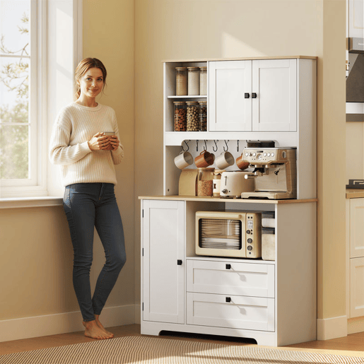 HOMCOM Armário de Cozinha Móvel Auxiliar de Cozinha com 3 Portas 2 Gavetas 3 Prateleiras na Porta 8 Ganchos Bancada Ampla para Micro-Ondas Prateleiras Ajustáveis Orifícios para Cabos Branco HOMCOM Armário de Cozinha Móvel Auxiliar de Cozinha com 3 Portas 2 Gavetas 3 Prateleiras na Porta 8 Ganchos Bancada Ampla para Micro-Ondas Prateleiras Ajustáveis Orifícios para Cabos Branco