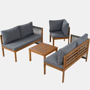 Conjunto de mobiliário de jardim - Sofá de canto + Mesa de centro - Estrutura em acácia, tampo da mesa em acácia, corda trançada - Cinza