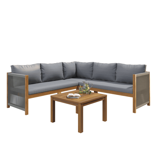 Conjunto de mobiliário de jardim - Sofá de canto + Mesa de centro - Estrutura em acácia, tampo da mesa em acácia, corda trançada - Cinza