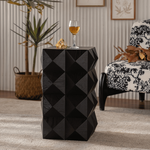 Mesa auxiliar 60 cm - Design retro com relevo tridimensional, mesa de cabeceira em madeira - Preto