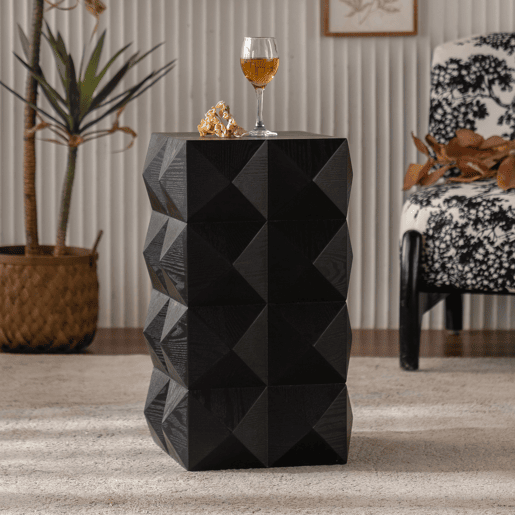 Mesa auxiliar 60 cm - Design retro com relevo tridimensional, mesa de cabeceira em madeira - Preto