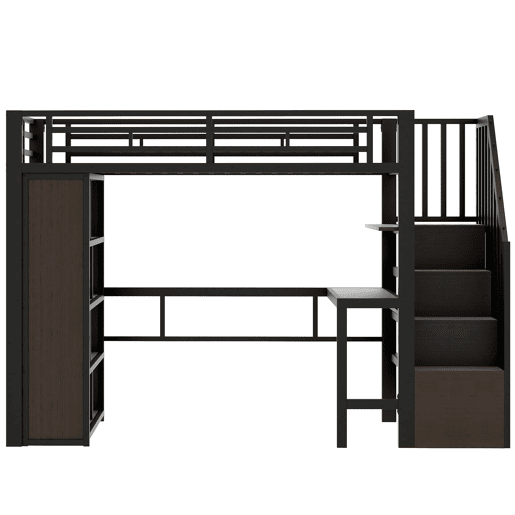 Cama alta 90x200 cm - Estrutura de ferro com secretária, prateleira, LED e escada com arrumação - Preto