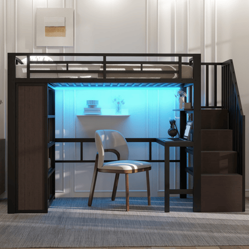 Cama alta 90x200 cm - Estrutura de ferro com secretária, prateleira, LED e escada com arrumação - Preto