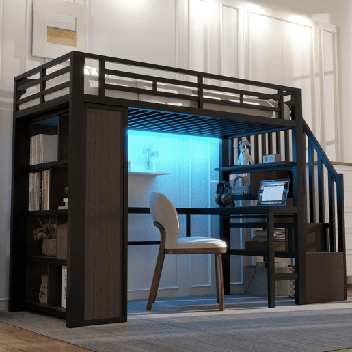 Cama alta 90x200 cm - Estrutura de ferro com secretária, prateleira, LED e escada com arrumação - Preto