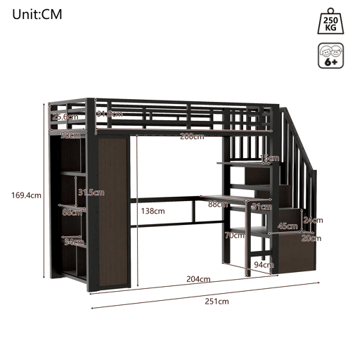Cama alta 90x200 cm - Estrutura de ferro com secretária, prateleira, LED e escada com arrumação - Preto