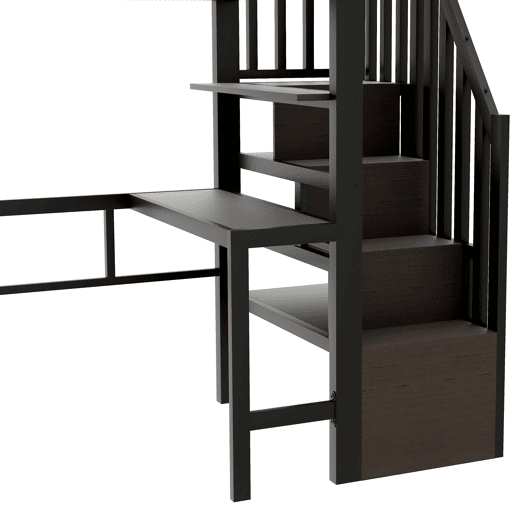 Cama alta 90x200 cm - Estrutura de ferro com secretária, prateleira, LED e escada com arrumação - Preto