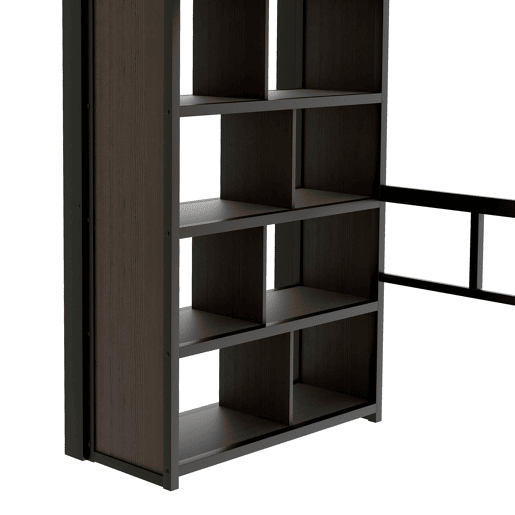 Cama alta 90x200 cm - Estrutura de ferro com secretária, prateleira, LED e escada com arrumação - Preto