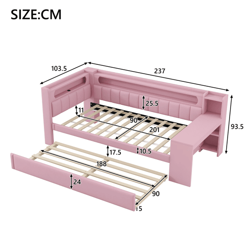 Cama de dia 90x200 - Estofada com USB, LED, cama extraível e secretária - Rosa