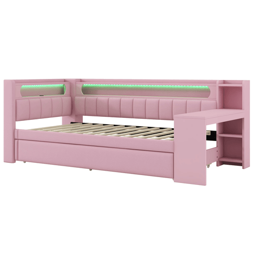 Cama de dia 90x200 - Estofada com USB, LED, cama extraível e secretária - Rosa