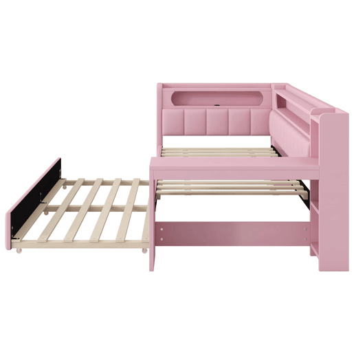 Cama de dia 90x200 - Estofada com USB, LED, cama extraível e secretária - Rosa
