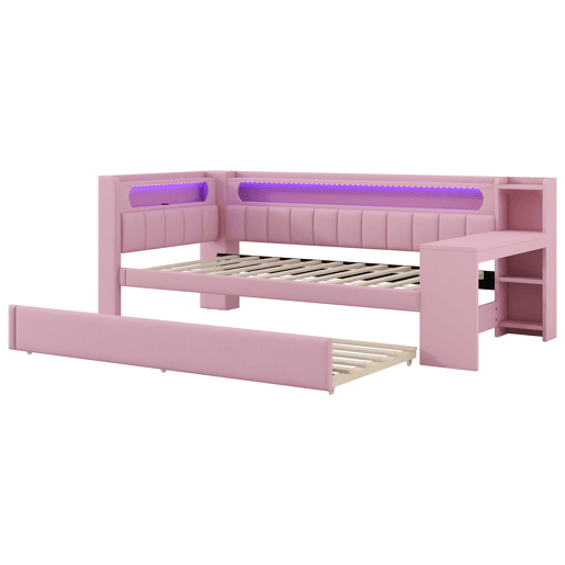 Cama de dia 90x200 - Estofada com USB, LED, cama extraível e secretária - Rosa