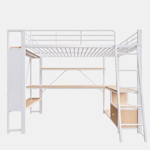 Cama alta 140x200 - estrutura metálica, LED, secretária, prateleiras, arrumação, USB - Branco