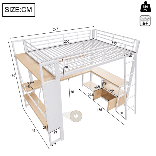 Cama alta 140x200 - estrutura metálica, LED, secretária, prateleiras, arrumação, USB - Branco