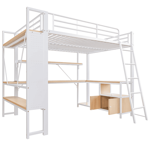 Cama alta 140x200 - estrutura metálica, LED, secretária, prateleiras, arrumação, USB - Branco