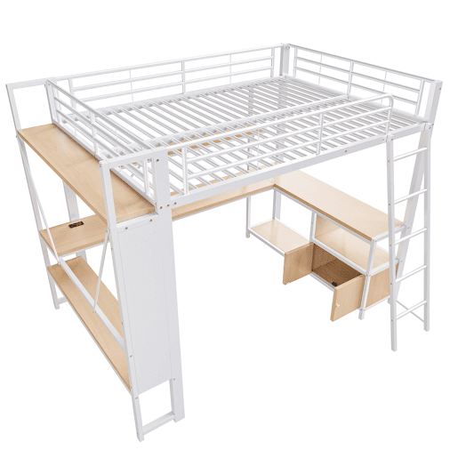 Cama alta 140x200 - estrutura metálica, LED, secretária, prateleiras, arrumação, USB - Branco