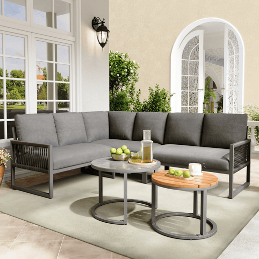 Conjunto de jardim para 6-7 pessoas - Sofá de canto, estrutura metálica, almofadas incluídas - Cinza