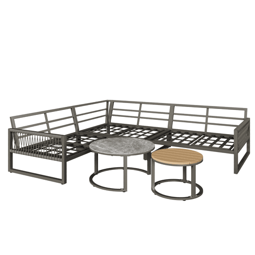Conjunto de jardim para 6-7 pessoas - Sofá de canto, estrutura metálica, almofadas incluídas - Cinza