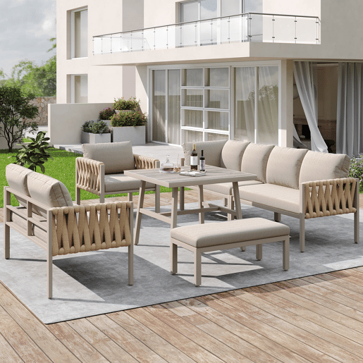 Conjunto de mobiliário de jardim - Sofá de canto, mesa de vidro temperado, estrutura metálica, almofadas incluídas - Bege
