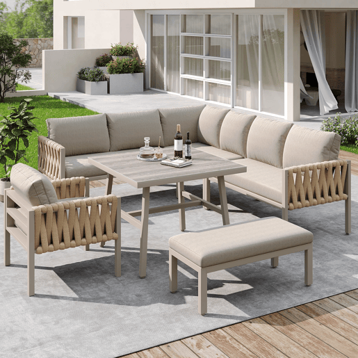 Conjunto de mobiliário de jardim - Sofá de canto, mesa de vidro temperado, estrutura metálica, almofadas incluídas - Bege