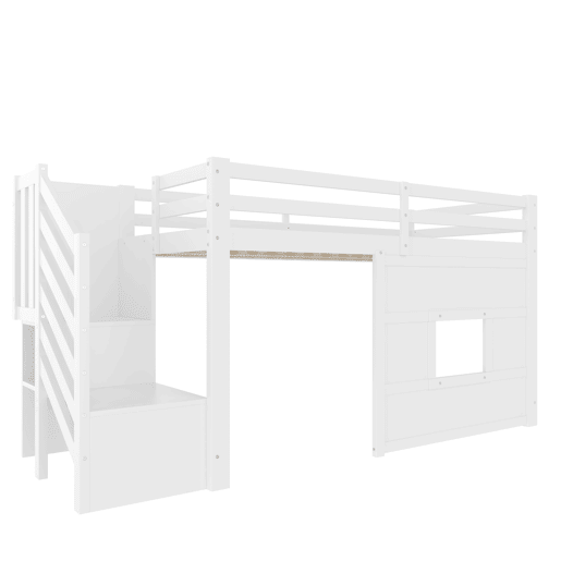 Cama alta 90x200 - com escada de arrumação e janela - Branco